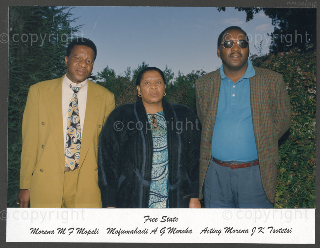 Cape Town, Western Cape, South Africa, 19970418. PHOTO: ANC Archives.

A group portrait of, from left, Morena M.F. Mopeli, Mofumahadi A.G. Moroka and acting Morena J.K. Tsotetsi at the inauguration of the National Council of Traditional Leaders in Cape Town, Western Cape, South Africa on 18 April 1997.
