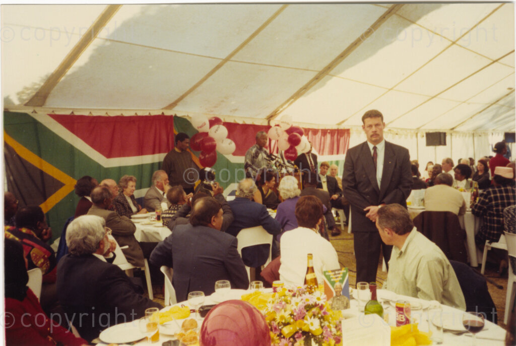 Johannesburg, Gauteng, South Africa, 19960719. PHOTO: Pan African Archives.

In July 1996, five different celebrations are held to mark President Mandela's 78th birthday. A jovial mood prevails at this party in which veterans of the African National Congress struggle are honoured. It is always President Mandela's desire to remember and include other people and to focus on their achievements and contributions to democracy.