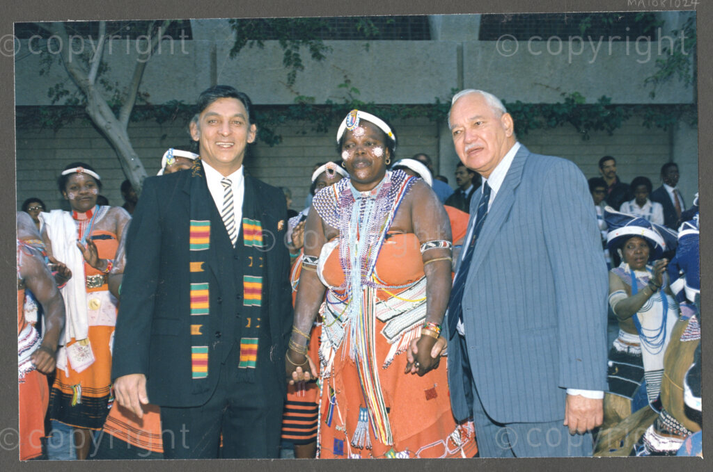 National Assembly, Parliament, Cape Town, Western Cape, South Africa , 19970418. PHOTO: ANC Archives.

Six traditional leaders being sworn into office at the inauguration of the National Council of Traditional Leaders in the National Assembly, Parliament, Cape Town, Western Cape, South Africa on 18 April 1997. From left, Khosi D. E. Mulaudzi, Hosi M.L. Nkuna, Lai Mohammed from Nigeria and fifth from left, Nkosi Mzimela.
