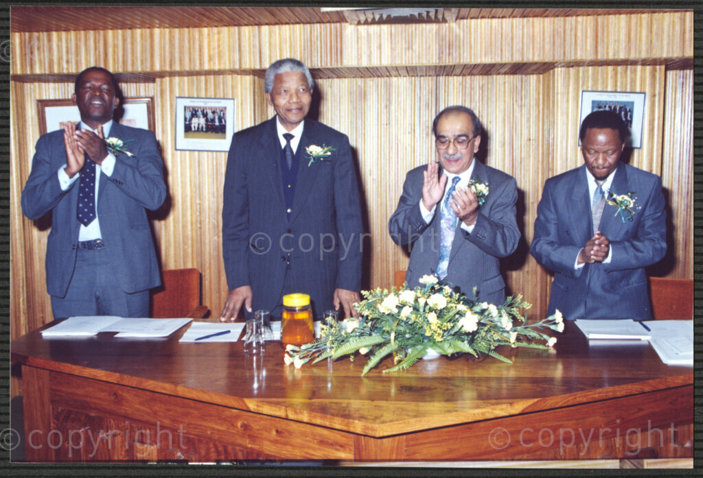 Turfloop Campus, University of the North, Mankweng, Northern Transvaal, South Africa, 19920425. PHOTO: ANC Archives.

Nelson Mandela, the president of the African National Congress (ANC) and Kader Asmal, the chairman of the council of the University of the North, at a meeting on the day of Mandela's installation as chancellor of the University of the of the North (now the University of Limpopo), Turfloop Campus, Mankweng, Northern Transvaal (now Limpopo), South Africa, 25 April 1992.