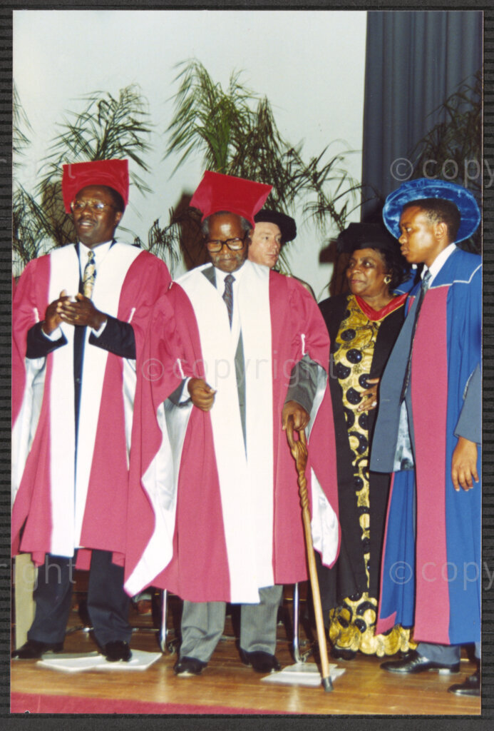 Turfloop Campus, University of the North, Mankweng, Northern Transvaal, South Africa, 19920425. PHOTO: ANC Archives.

Oliver Tambo, the national chairperson of the African National Congress (ANC) and the chancellor of Fort Hare University (centre) in full academic regalia, stands with university academics at the ceremony that sees Nelson Mandela and Professor Noel Chabani Manganyi installed as chancellor and vice chancellor of the University of the North respectively, 25 April 1992, Turfloop Campus, University of the North (now the University of Limpopo), Mankweng, Northern Transvaal (now Limpopo), South Africa.