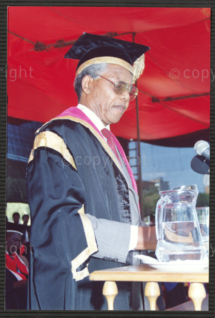 Turfloop Campus, University of the North, Mankweng, Northern Transvaal, South Africa, 19920425. PHOTO: ANC Archives.

Nelson Mandela, the president of the African National Congress (ANC), delivers a speech on the occasion of his installation as chancellor of the University of the North on 25 April 1992, Turfloop Campus, University of the North (now the University of Limpopo), Mankweng, Northern Transvaal (now Limpopo), South Africa.