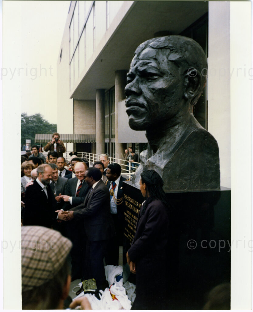 Haringey , London, England, United Kingdom, Date Unknown. PHOTO: ANC Archives.

A bronze bust of Nelson Mandela executed in 1982 and re-cast and re-erected in 1988, by Ian Walters. The re-erected sculpture is located on the south side of the Royal Festival Hall in London. The plinth of South African ebony granite is 40mm thick and supports the bust which is 1.52m high.