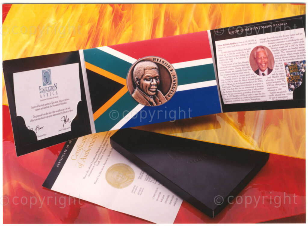 South African Mint, Johannesburg, Gauteng, South Africa, 19950919. PHOTO: ANC Archives.

A Nelson R. Mandela Presidential Medallion collection is minted by the South African Mint in 1995, to commemorate the inauguration of the country's first democratically elected president in 1994. The collection is being minted for Education Africa; the proceeds from the sale of medallions in the collection are going towards the funding of education projects in South Africa. The designers of the collection are Arthur Sutherland (Obverse) and Susan Erasmus (Reverse). Seen here is the 75 mm bronze medallion in its casing with accompanying certification.