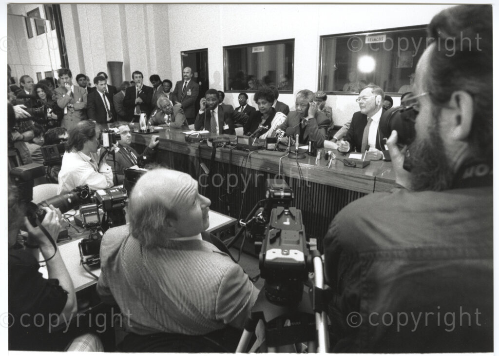 International Labour Organisation , Geneva, Switzerland, 19900608. PHOTO: ANC Archives.

The auditorium at the International Labour Organisation (ILO) in Geneva, 8 June 1990 is filled to capacity on the occasion of the 77th Session of the International Labour Conference (ILC) that played host to the deputy president of the African National Congress (ANC) Nelson Mandela. The ILO brings governments, employers and workers of approximately 187 member states together to set labour standards, develop policies and devise programmes promoting decent work for all women and men.
