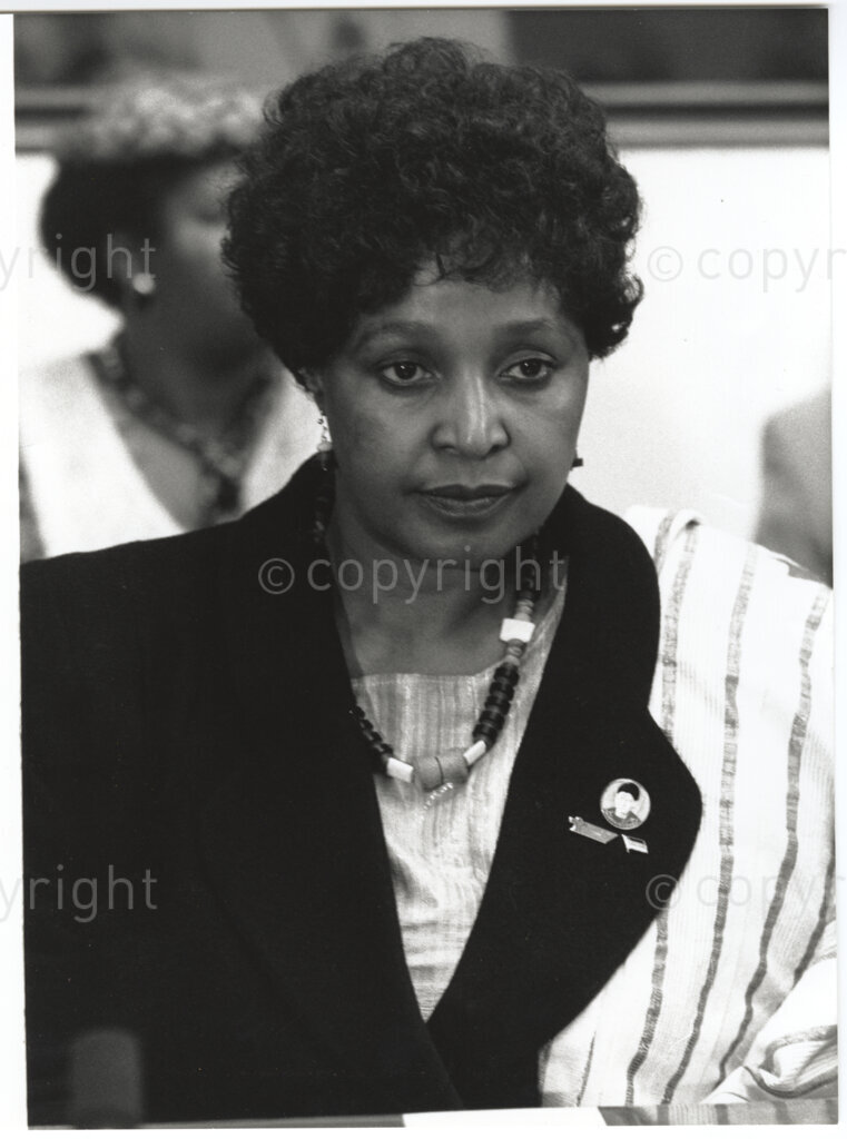 International Labour Organisation , Geneva, Switzerland, 19900608. PHOTO: ANC Archives.

A photographic portrait of Winnie Madikizela-Mandela during her visit to Switzerland with her husband Deputy President of the African National Congress (ANC), Nelson Mandela from 4-9 June 1990. On 8 June 1990 she attends the 77th Session of the International Labour Conference (ILC) at the International Labour Organisation (ILO) in Geneva where Nelson Mandela is a speaker.