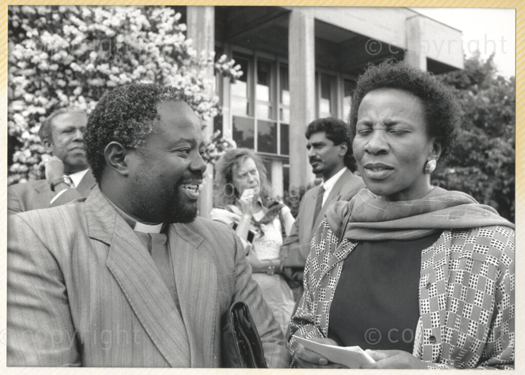 Geneva Ecumenical Centre, Geneva, Switzerland, 19900601. PHOTO: ANC Archives.

A group photograph of unidentified guests and South African Council of Churches (SACC) Deputy General Secretary Brigalia Bam standing outside the Geneva Ecumenical Centre, Switzerland when recently elected Deputy President of the African National Congress and his wife, Winnie Madikizela-Mandela visit staff, officials and representatives of the World Council of Churches (WCC) during the Mandela couple's official visit to Switzerland, 4-9 June 1990. During the visit, a few months after his release from prison, Nelson Mandela expresses his gratitude to the church for its support of the anti-apartheid struggle.