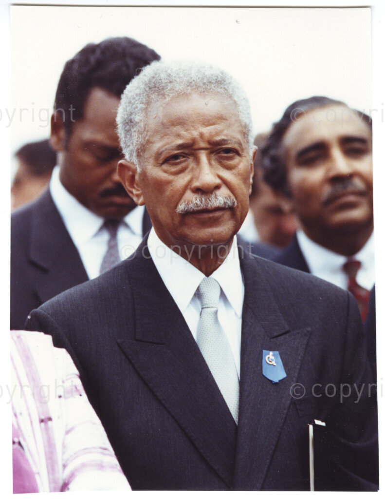 New York, New York State, United States of America, 19900620. PHOTO: ANC Archives.

Nelson Mandela and his wife, Winnie, are on a 14-nation Freedom Tour in June 1990, just four months after his release from prison. In New York, in the United States of America, Mayor David N. Dinkins, (centre front), and his wife, Joyce, are the Mandela's hosts. Dinkins is the first black mayor of New York City.