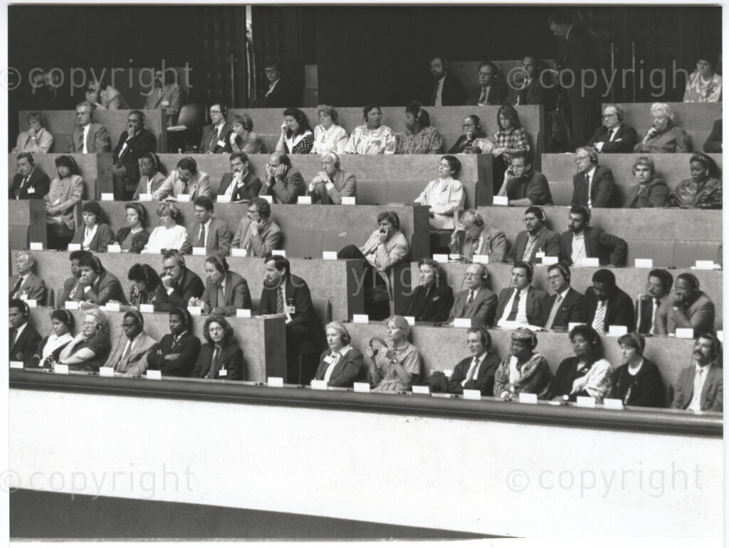 International Labour Organisation , Geneva, Switzerland, 19900608. PHOTO: ANC Archives.

The auditorium at the International Labour Organisation (ILO) in Geneva, 8 June 1990 is filled to capacity on the occasion of the 77th Session of the International Labour Conference (ILC) that played host to Deputy President of the African National Congress (ANC) Nelson Mandela. The ILO brings governments, employers and workers of approximately 187 member states together to set labour standards, develop policies and devise programmes promoting decent work for all women and men.