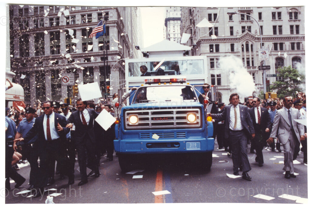 New York, New York State, United States of America, 19900620. PHOTO: ANC Archives.

In June 1990, Nelson and Winnie Mandela visit New York at the start of a 14-nations Freedom Tour. Mandela is driven through the streets of New York in a 'Mandela Mobile'. This is a specially modified security vehicle, tailored to meet the needs of the occasion. His reception in the United States is rapturous.
