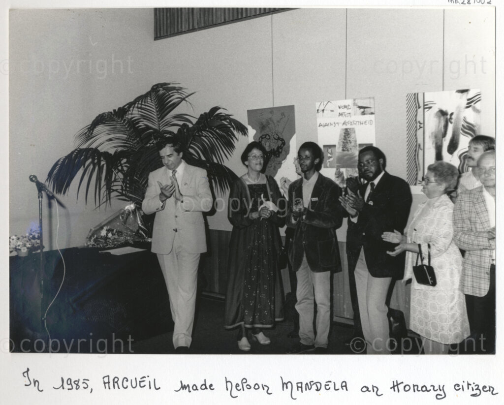 Arcueil, Val-de-Marne, Paris, Île-de-France, France, 19850101. PHOTO: ANC Archives: A gathering of African National Congress representatives and French anti-apartheid activists at a ceremony in Arcueil, France in 1985 at which Nelson Mandela was made an honorary citizen of the city. Mayor of Arcueil (Val-de-Marne) and figure of communism, Marcel Trigon (left) officiated at the ceremony.