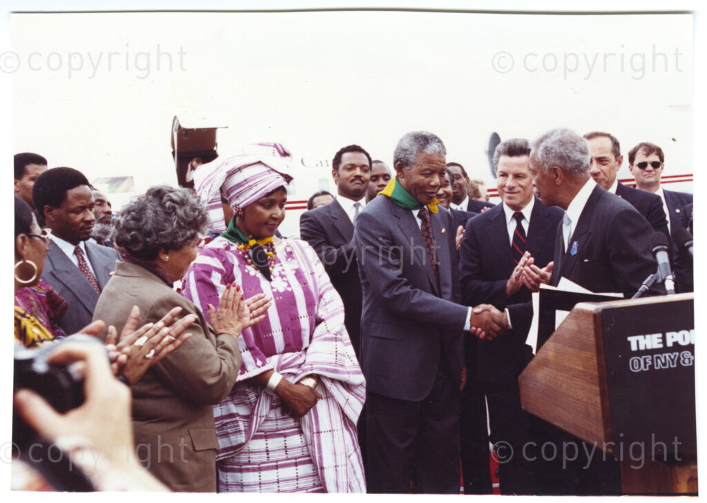 New York, New York State, United States of America 19900620. PHOTO: ANC Archives.

Nelson Mandela and his wife, Winnie, are on a 14-nation Freedom Tour in June 1990, just four months after Mandela's release from prison. In New York, in the United States of America, Mayor David N. Dinkins and his wife, Joyce, are the Mandela's hosts. Dinkins is the first black mayor of New York. The Dinkins are seen here standing on either side of the Mandela's.