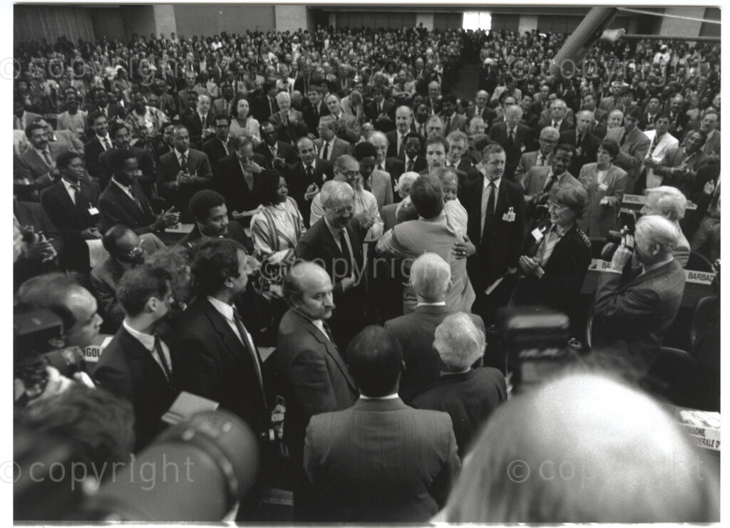 International Labour Organisation , Geneva, Switzerland, 19900608. PHOTO: ANC Archives.

The auditorium at the International Labour Organisation (ILO) in Geneva, 8 June 1990 is filled to capacity on the occasion of the 77th Session of the International Labour Conference (ILC) that played host to the deputy president of the African National Congress (ANC) Nelson Mandela. The ILO brings governments, employers and workers of approximately 187 member states together to set labour standards, develop policies and devise programmes promoting decent work for all women and men.
