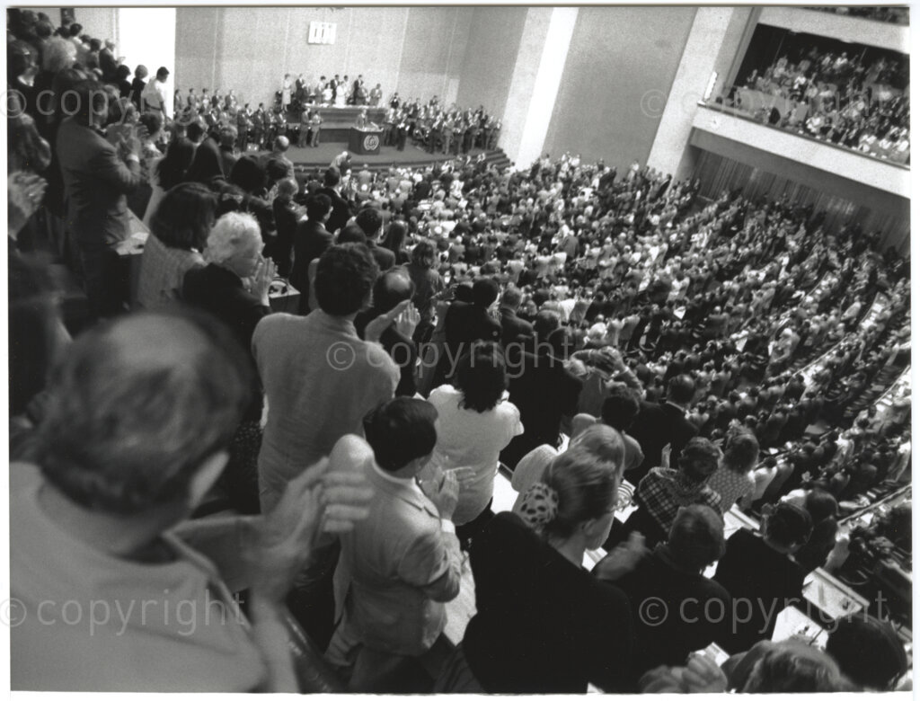 International Labour Organisation , Geneva, Switzerland, 19900608. PHOTO: ANC Archives.

The auditorium at the International Labour Organisation (ILO) in Geneva, 8 June 1990 is filled to capacity on the occasion of the 77th Session of the International Labour Conference (ILC) that played host to Deputy President of the African National Congress (ANC) Nelson Mandela. The ILO brings governments, employers and workers of approximately 187 member states together to set labour standards, develop policies and devise programmes promoting decent work for all women and men.
