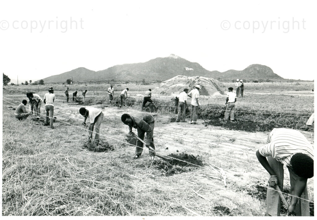 Laying the foundations of the first classrooms in Mazimbu, Tanzania, Fall 1979. Photographer: Eli Weinberg.
