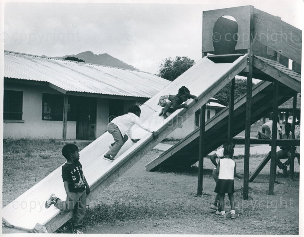 Children playing outside the Charlotte Maxeke Day Care Centre in Mazimbu, Tanzania, 1987. Photo: Eli Weinberg Photo Lab.
