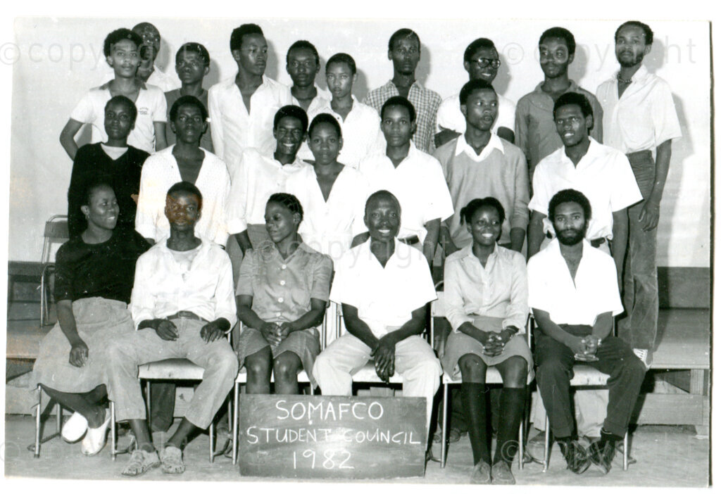 Group portrait of the SOMAFCO Student Council in Mazimbu, Tanzania, 1982. Photo: Eli Weinberg Photo Lab.