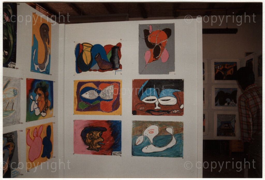 Exhibition of visual art works by SOMAFCO students (Form I, II and III) in the art classroom; Mazimbu, Tanzania, December 1988. Photograph: Gonnie van Zalinge.