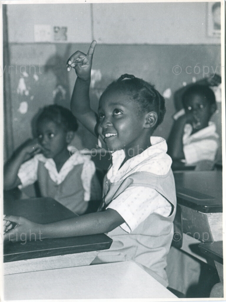SOMAFCO Primary School: girl in Grade One; Mazimbu, Tanzania, October 1983. Photo: Eli Weinberg Photo Lab.