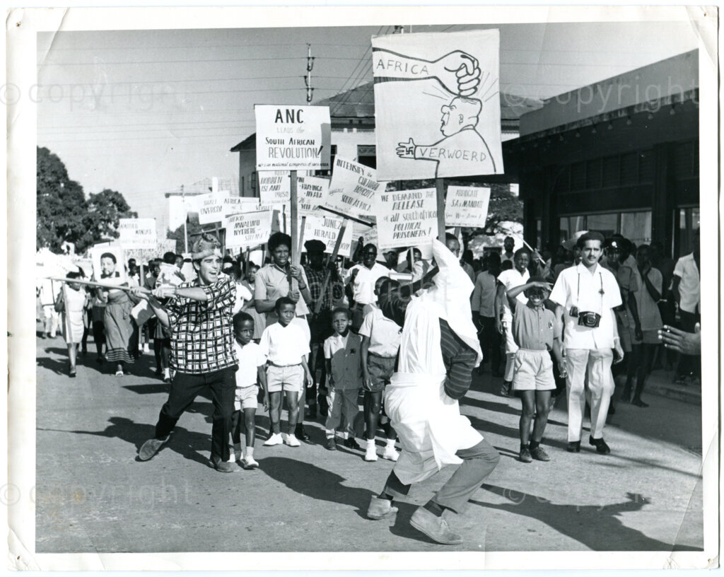 Demonstration in support of the South African liberation struggle by Tanzanians and South African refugees in Dar-es-Salaam, Tanzania, early 1970s. Photographer unknown.