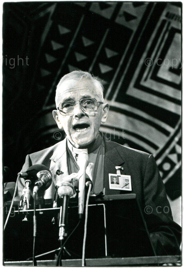 Rev. Trevor Huddleston (Anglican church Johannesburg 1943-1956; in exile closely working with ANC and AAM); Harare, September 1987. Photographer: Pieter Boersma.