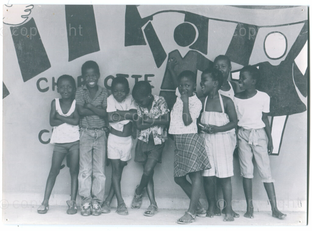 Children in front of the Charlotte Maxeke Day Care Centre in Mazimbu, Tanzania, 1987. Photo: Eli Weinberg Photo Lab.