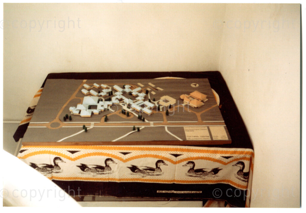 Maquette of the planned Cultural Centre at Dakawa (Tanzania) in the office of the ANC's Department of Arts and Culture in Lusaka, October 1988. Photographer: being Muller.