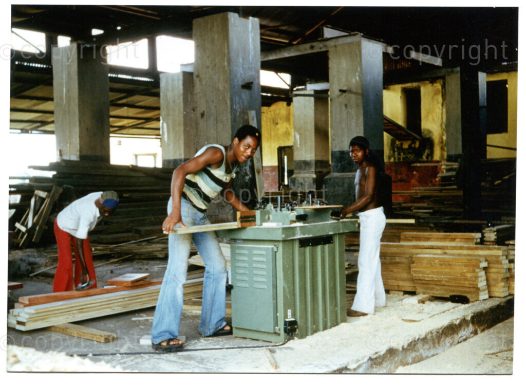 The carpentry workshop in Mazimbu, Tanzania, 1980. Photographer unknown. (colour print from slide)