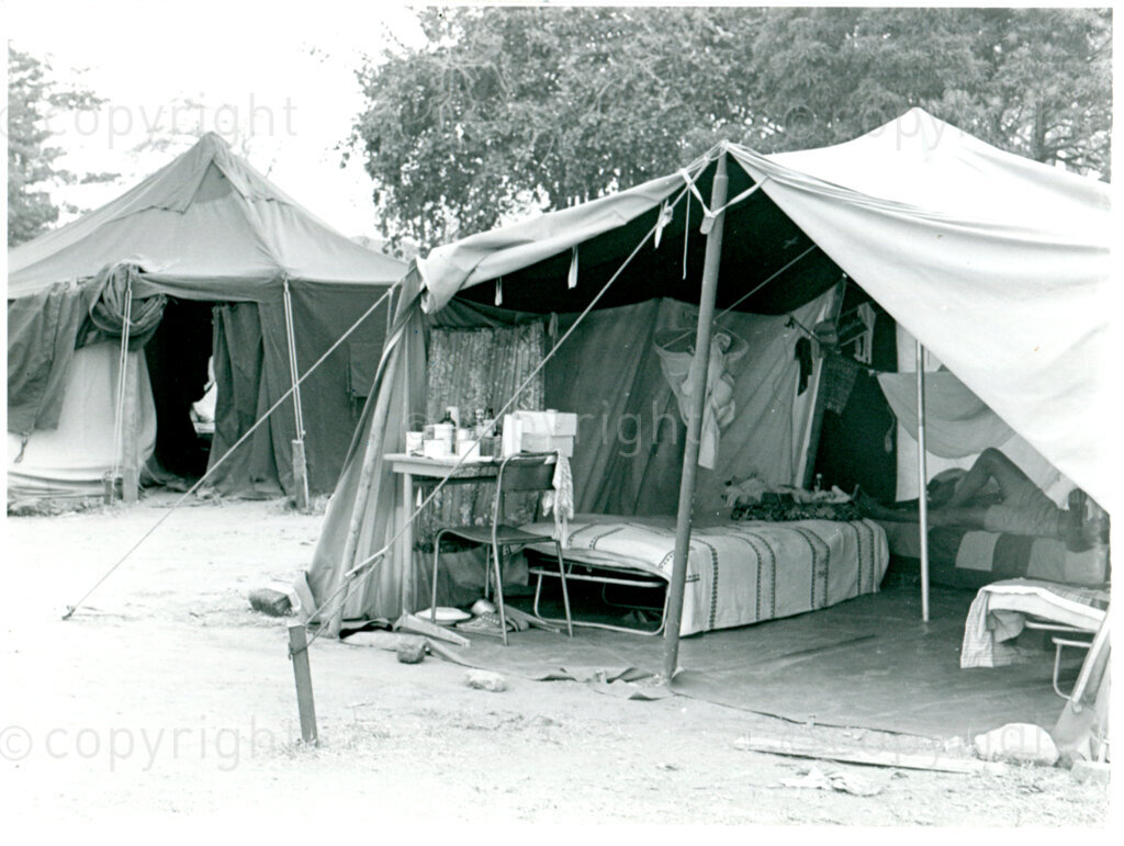 Tents being used for temporary housing of the residents of the ANC Development Centre Dakawa, Tanzania, August 1983. Photographer: David Brown.