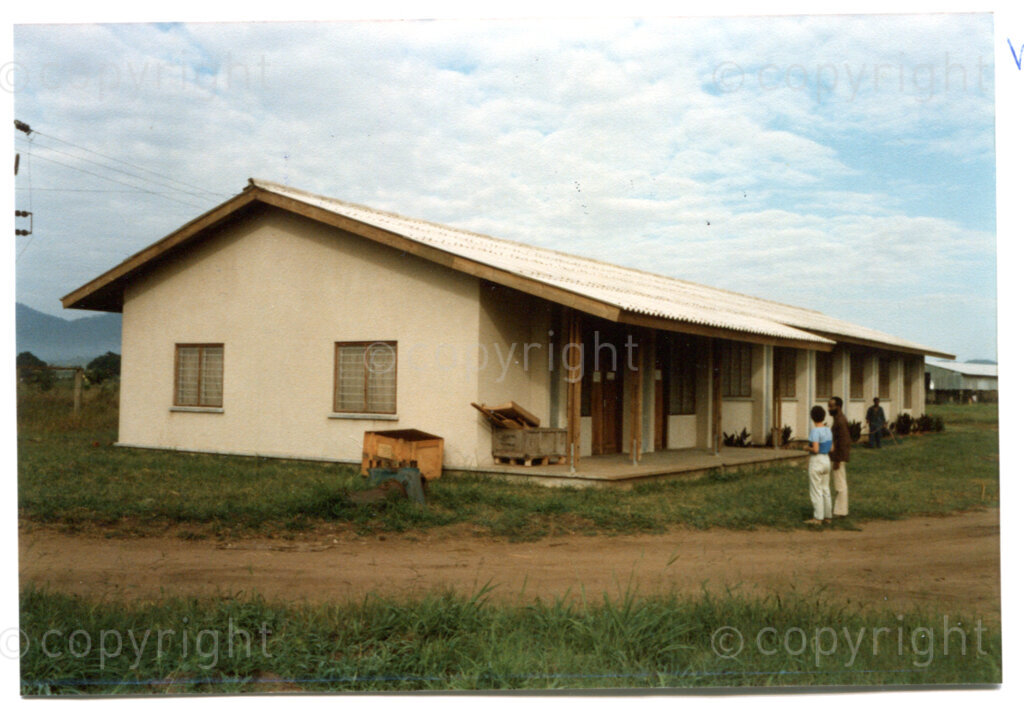 One of the new building (with the clothing workshop) in Mazimbu, Tanzania, June 1983. Photographer unknown.