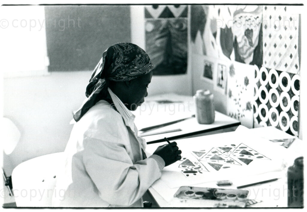 The design room of the ANC Dakawa Textile Printing Workshop in the ANC Development Centre Dakawa, Tanzania, 1989. Photo: Eli Weinberg Photo Lab.