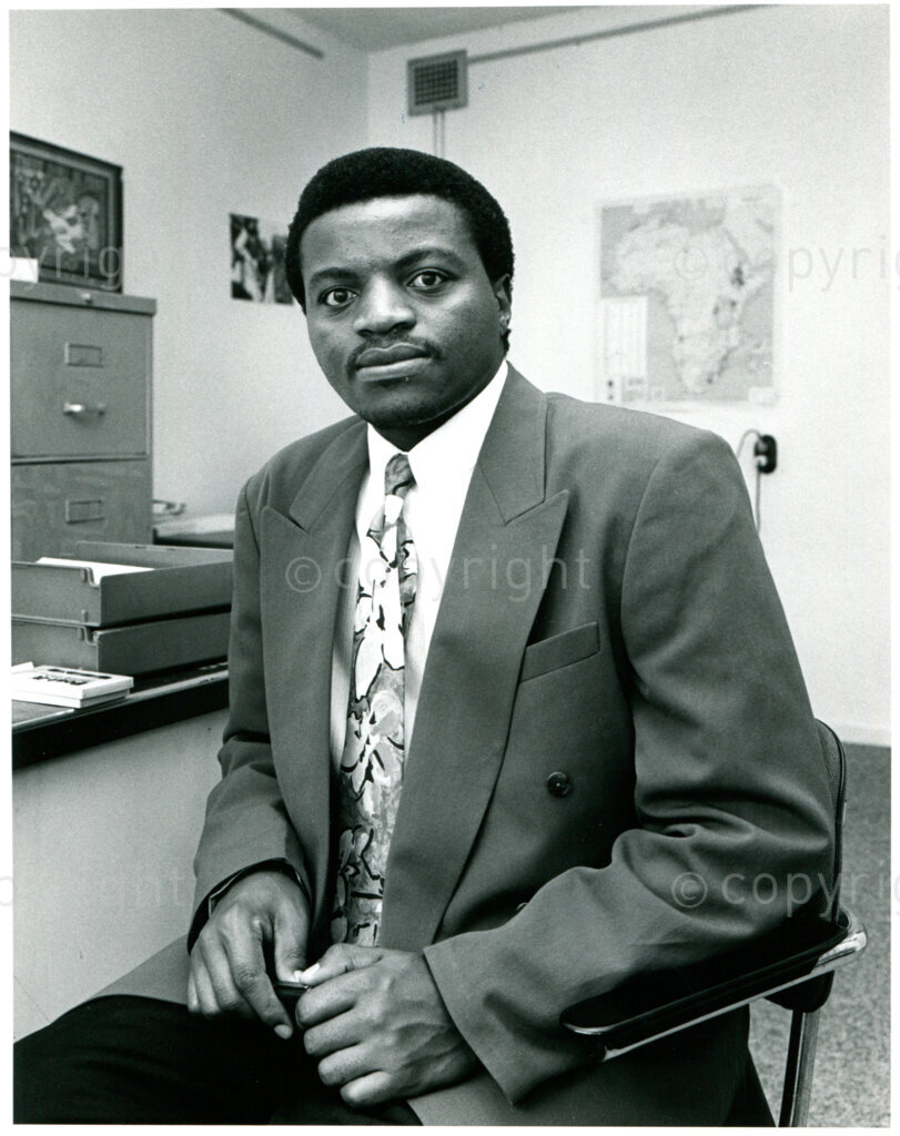 Zolile Magugu (ANC representative in The Netherlands from late 1991 until April 1994);ANC information bureau, Amsterdam, early 1990s. Photographer: Han Singles.