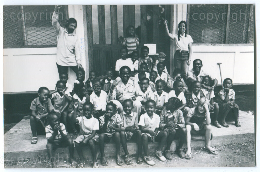 SOMAFCO Primary School: visit by ANC president Oliver Tambo (centre); Mazimbu, Tanzania, 1981. Photo: Eli Weinberg Photo Lab.