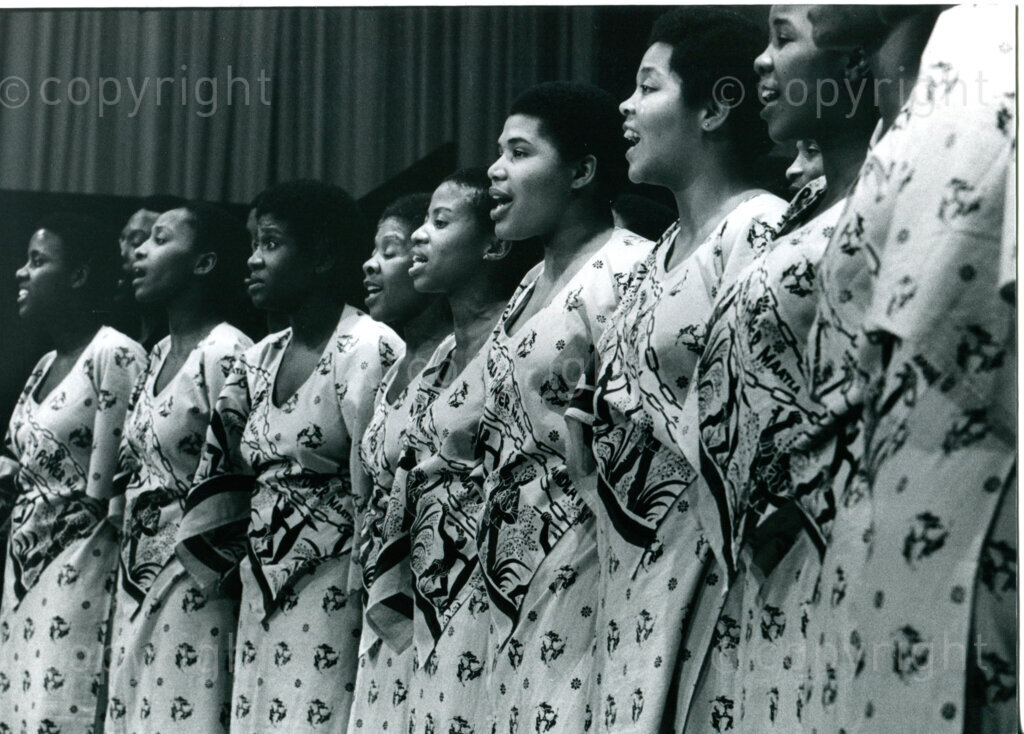 Performance by ANC cultural ensemble AMANDLA in the Royal Tropical Museum in Amsterdam, The Netherlands, 16 December 1983. Photographer: Hans van den Bogaard.