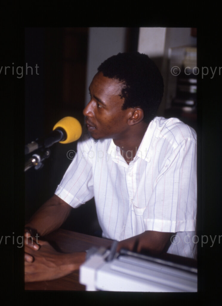 Radio Freedom studio, including announcers and equipment, Mazimbu (SOMAFCO), Tanzania, 1990