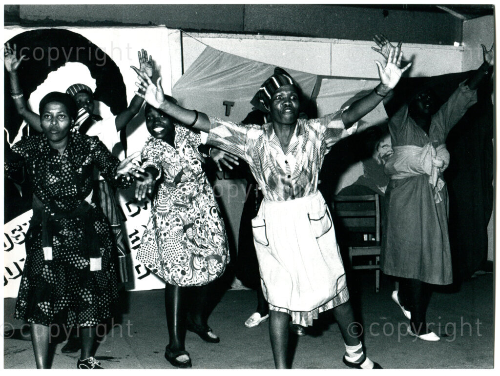 Play by South African women during the South African Women's Day celebration in Mazimbu, Tanzania, August 1989. Photo: Eli Weinberg Photo Lab.