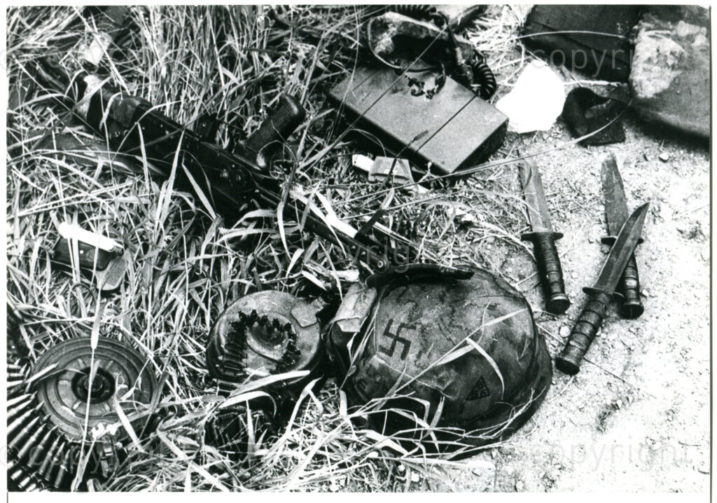 Military equipment (note swastika on helmet) captured during the South African attack on houses of the ANC and others in Matola, Maputo, Mozambique on 30 January 1981. Photo: TEMPO.