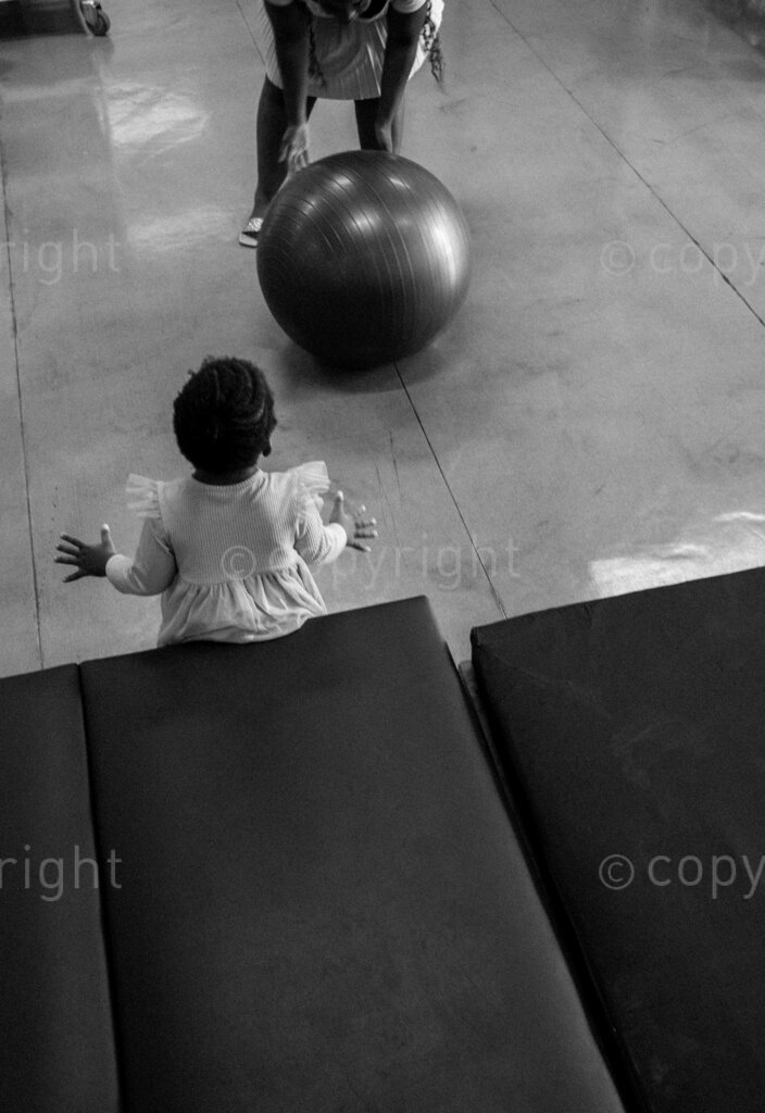 A mother and her child practice exercise games to be continued at home. 22, 23, Feb. 2024, Pietermaritzburg, KwaZulu Natal, South Africa.