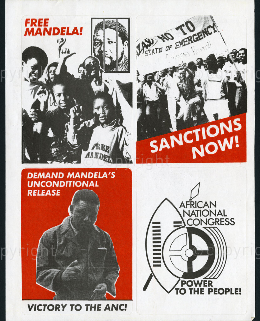 Sticker

Free Mandela!

Sanctions Now!

Demand Mandela's Unconditional Release

Victory to the ANC!

African National Congress

Power to the People!