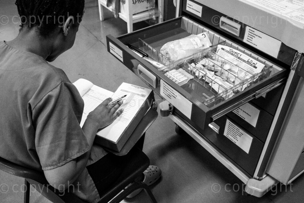 A physiotherapist checks on hospital equipment. 22, 23, Feb. 2024, Pietermaritzburg, KwaZulu Natal, South Africa.