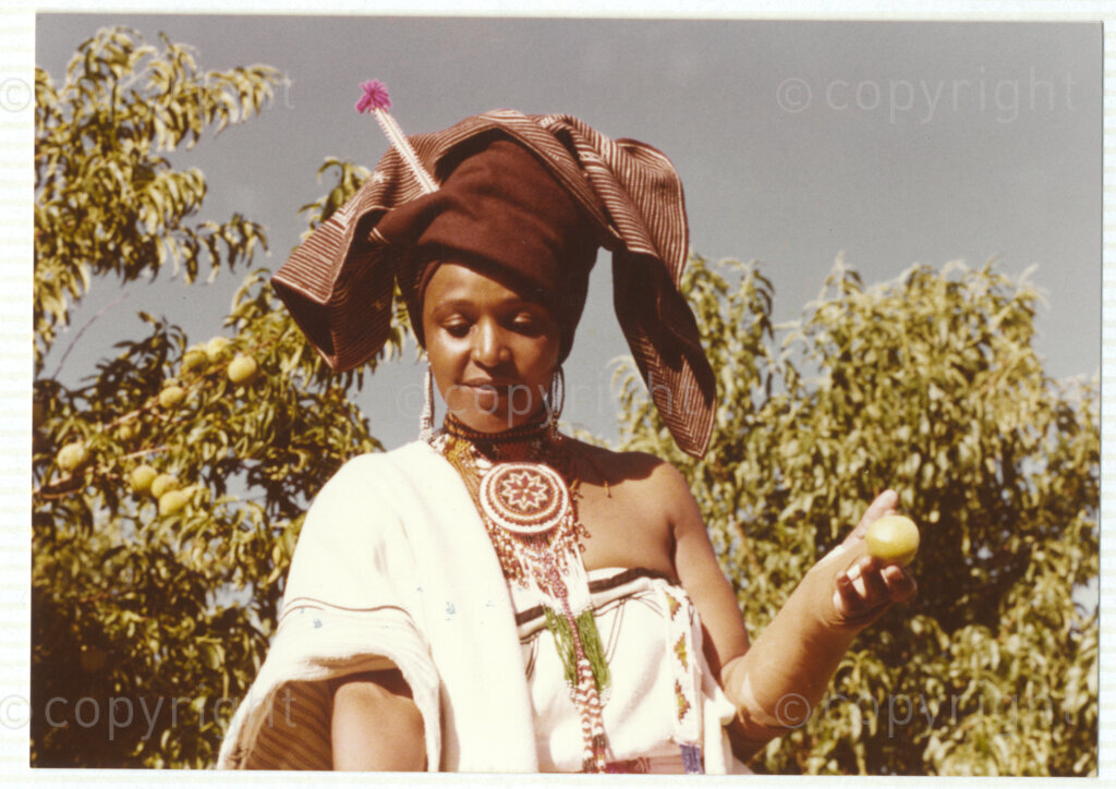A portrait of Winnie Mandela wearing traditional Xhosa attire, circa 1980. She was one of the most important icons of the struggle against apartheid in South Africa and wore traditional outfits and accessories during a time when donning cultural wear was seen as a political taboo. The outfit reflects the cultural heritage of her birthplace, Bizana, a rural town in the Transkei in the Eastern Cape.