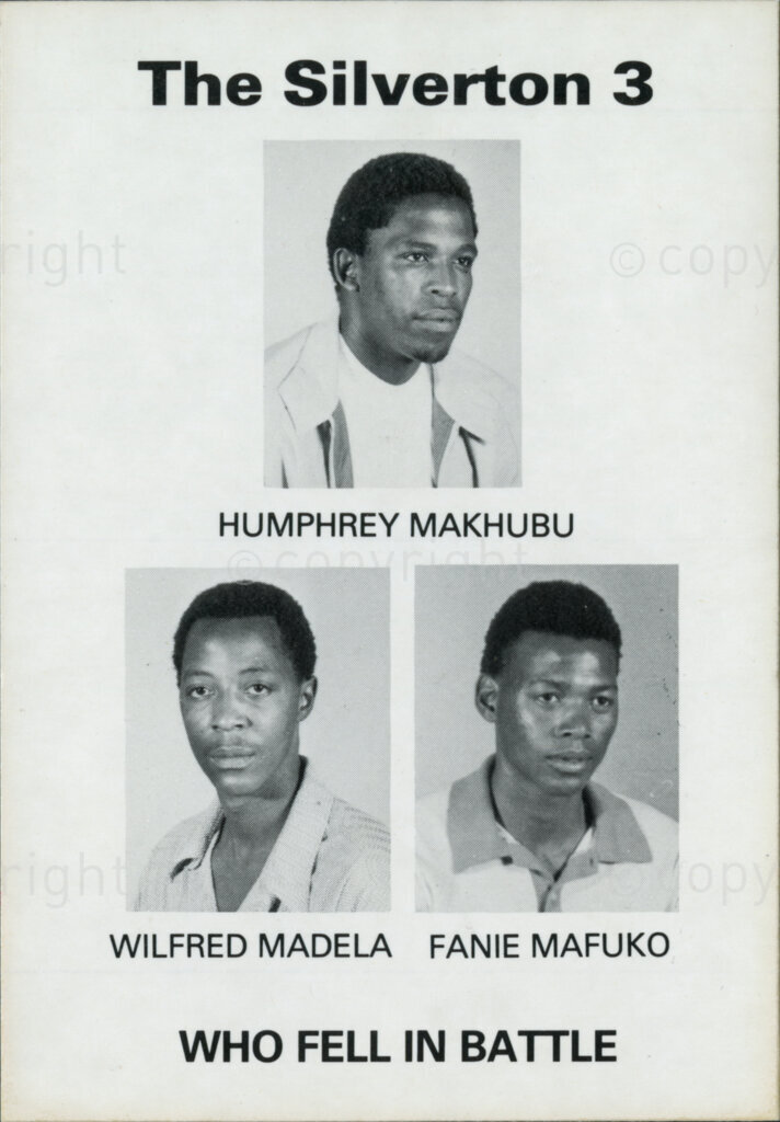 Sticker

The Silverton 3

Humphrey Makhubu
Wilfred Madela
Fanie Mafuko

Who Fell in Battle