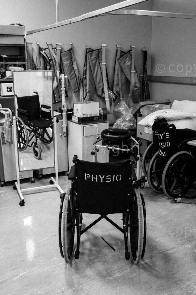 Mirrors, wheelchairs and supports are used alongside the hands of the physiotherapist. 22, 23, Feb. 2024, Pietermaritzburg, KwaZulu Natal, South Africa.