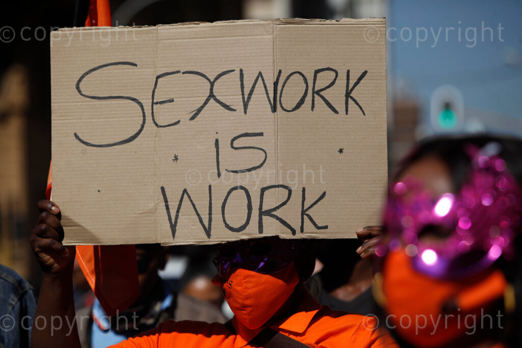 Sex workers supported by SWEAT, Sisonke and FunkItImWalking organisations, gathered at the Beyers Naude Square in Johannesburg, Gauteng province to fight for their rights to work freely and safely in South Africa. They march to the Constitutional Court for the decriminalisation of sex work. 21/05/21 Photo: Oupa Nkosi