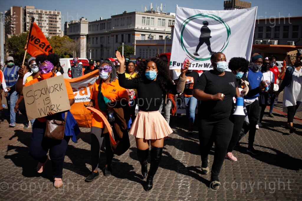 Sex workers supported by SWEAT, Sisonke and FunkItImWalking organisations, gathered at the Beyers Naude Square in Johannesburg, Gauteng province to fight for their rights to work freely and safely in South Africa. They march to the Constitutional Court for the decriminalisation of sex work. 21/05/21 Photo: Oupa Nkosi