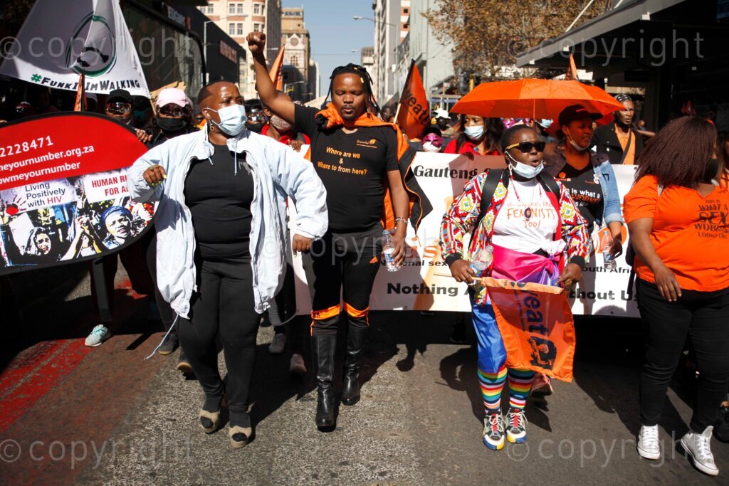 Sex workers supported by SWEAT, Sisonke and FunkItImWalking organisations, gathered at the Beyers Naude Square in Johannesburg, Gauteng province to fight for their rights to work freely and safely in South Africa. They march to the Constitutional Court for the decriminalisation of sex work. 21/05/21 Photo: Oupa Nkosi