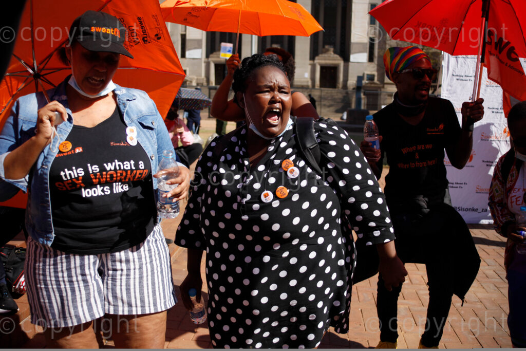 Sex workers supported by SWEAT, Sisonke and FunkItImWalking organisations, gathered at the Beyers Naude Square in Johannesburg, Gauteng province to fight for their rights to work freely and safely in South Africa. They march to the Constitutional Court for the decriminalisation of sex work. 21/05/21 Photo: Oupa Nkosi