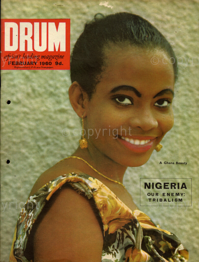 Our Enemy: Tribalism  Verso: Cover girl - Ghana Beauty. This month cover girl, now isn't she one of the best treats we have ever had for a long time! We DO know her phone number chaps, but it won't help to tell. She lives all the way up in Accra. Ghana West Africa. Our Photographer was so stunned he forgot her name!