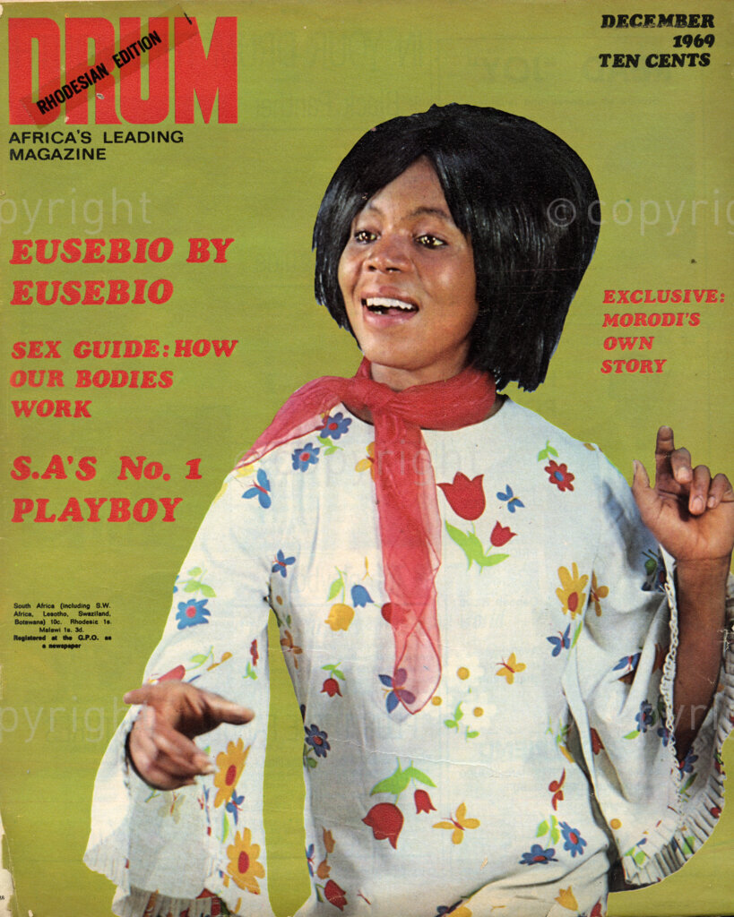 Eusebio by Eusebio; Verso: Cover girl – Abigail Kubeka made the grade years ago as a popular singer and stage actress, but now she has the chance to break into big-time film acting. She is the female lead in a James Bond-type thriller being filmed in Joburg.