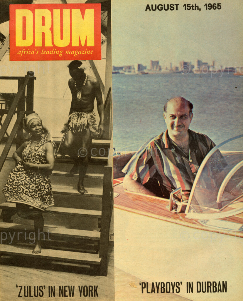 Zulus' in New York; 'Playboys' in Durban; Verso: Zulus in New York – It happened at the World's Fair… In New York a lone Zulu, Victor Shange, one of six South African artists who refused to return home after appearing in the musical 